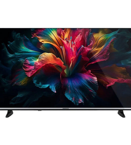 Daewoo 43-inch 4K Ultra HD QLED LCD Smart TV displaying vibrant colors and a sleek black design for home entertainment.