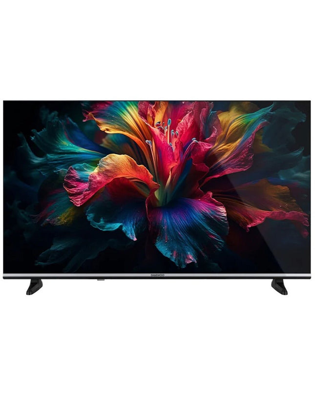 Daewoo 43-inch 4K Ultra HD QLED LCD Smart TV displaying vibrant colors and a sleek black design for home entertainment.