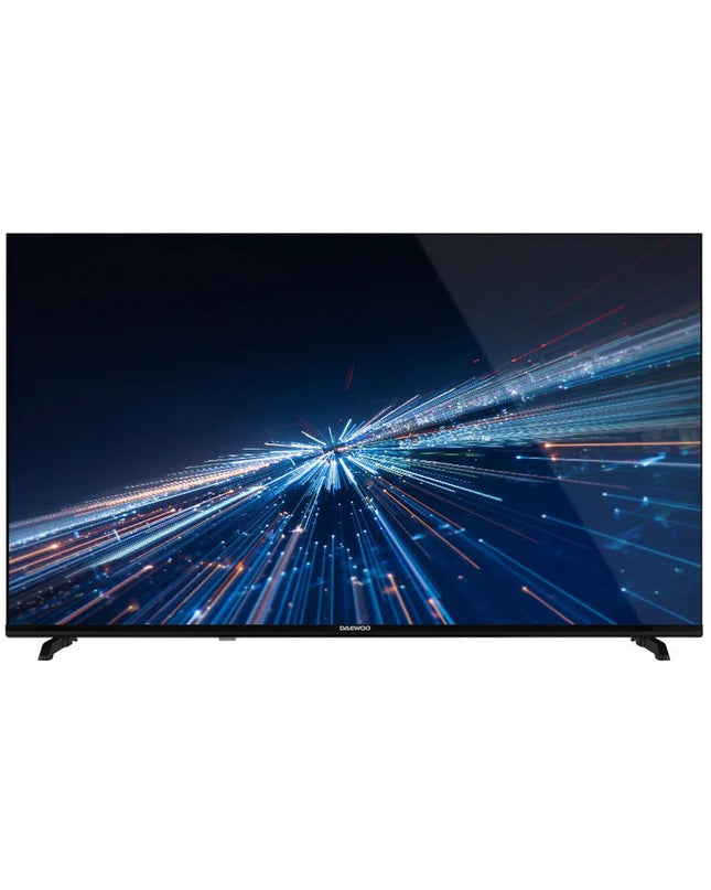 Daewoo 55-inch 4K Ultra HD QLED Smart TV with sleek black frame and slim design, showing vibrant screen display.