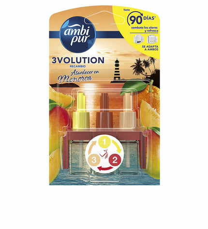 Ambi Pur luchtverfrisser navulling voor elektrische diffuser met Atardecer en Menorca geur, 20 ml, geschikt voor huisdecoratie.