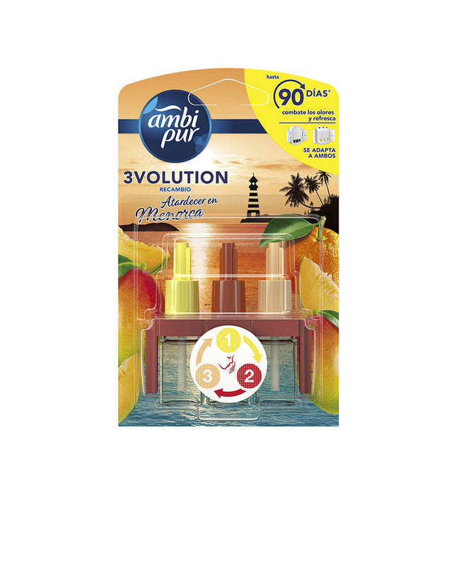 Ambi Pur luchtverfrisser navulling voor elektrische diffuser met Atardecer en Menorca geur, 20 ml, geschikt voor huisdecoratie.