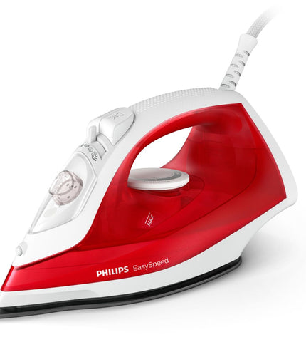 Philips GC1742/40 2000W red steam iron with adjustable temperature and steam control for household ironing.