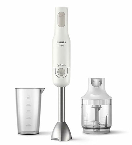 Philips Promix hand blender with 650W power, sleek design, suitable for kitchen and cooking tasks, close-up of the appliance.