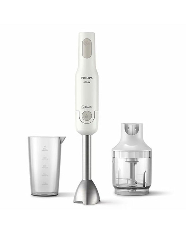 Philips Promix hand blender with 650W power, sleek design, suitable for kitchen and cooking tasks, close-up of the appliance.