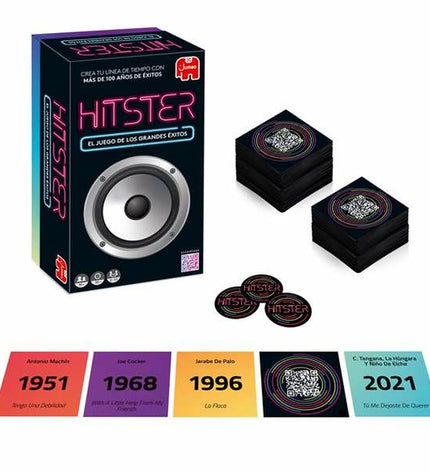 Diset Hitster Greatest musical hits quiz game with questions and answers, featuring colorful game components and instructions.