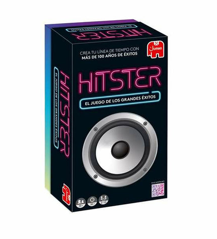 Diset Hitster musical quiz game with questions and answers, featuring colorful game components and a vibrant game board.