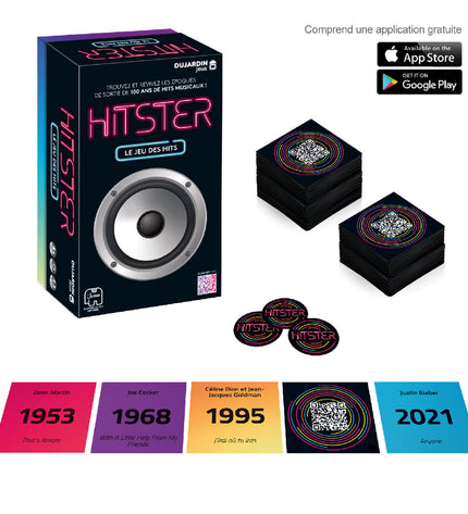 Dujardin Hitster board game with colorful game pieces and cards, designed for fun family or friends gameplay.