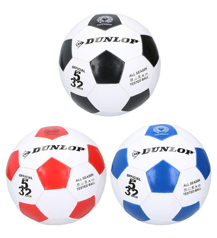 Dunlop white leather football for sports and outdoor play, showing detailed stitched panels and brand logo on the ball.