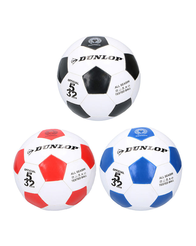 Dunlop white leather football for sports and outdoor play, showing detailed stitched panels and brand logo on the ball.