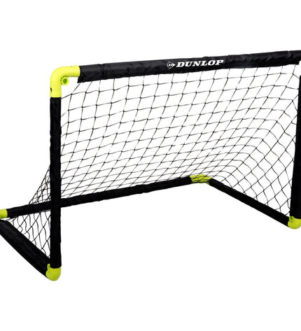 Dunlop foldable black goalpost for soccer, compact and portable outdoor sports equipment for football games.