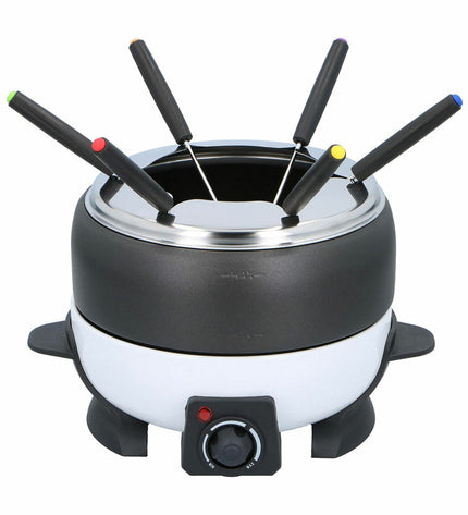 Cuisinier Deluxe Fondue Cuisinier Deluxe with metal pot, wooden handle, and fondue forks for home cooking and entertaining.