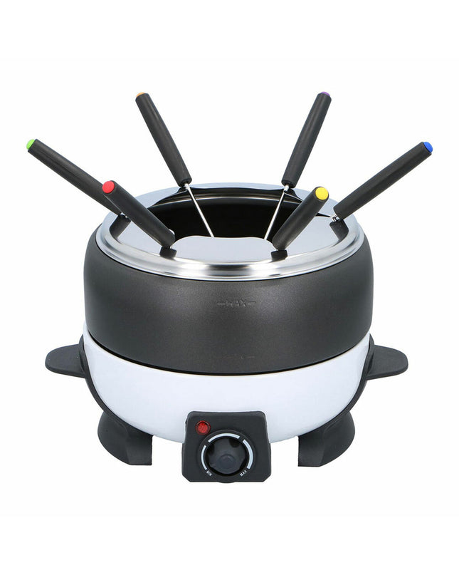Cuisinier Deluxe Fondue Cuisinier Deluxe with metal pot, wooden handle, and fondue forks for home cooking and entertaining.