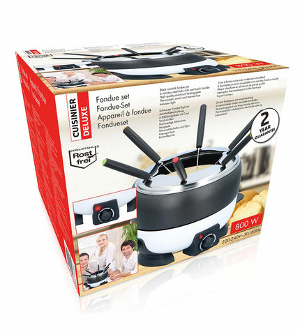 Cuisinier Deluxe Fondue Cuisinier Deluxe set with stainless steel pot and utensils for home cooking and entertaining.