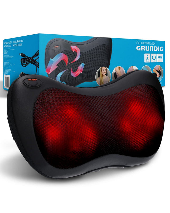 Grundig neck massage device for health and personal care, showcasing its ergonomic design and control buttons.