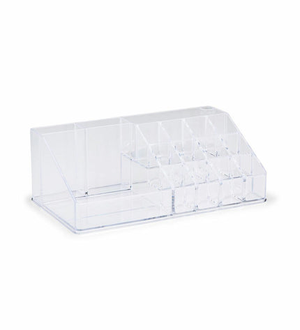 Touch of Beauty acrylic makeup organizer with 17 compartments, measuring 22.5 x 12.5 x 8 cm, for bathroom or home use.