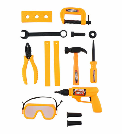 Eddy Toys speelgoedgereedschap set with 13 imitation tools for kids, including a hammer, screwdriver, wrench, and more.