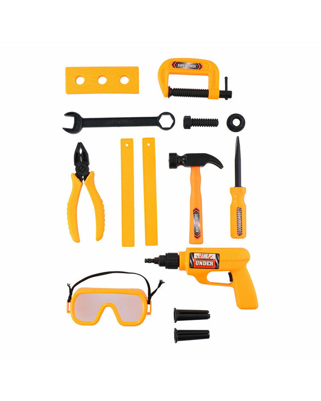 Eddy Toys speelgoedgereedschap set with 13 imitation tools for kids, including a hammer, screwdriver, wrench, and more.