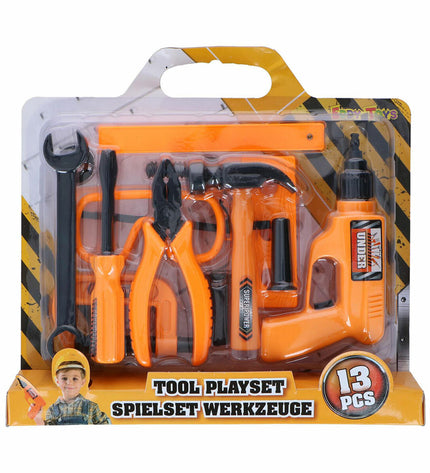 Eddy Toys speelgoedgereedschap set with 13 parts, includes plastic tools like a hammer, screwdriver, and wrench for kids’ pretend play.