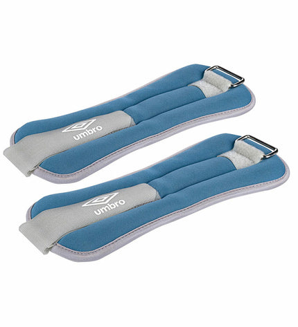 Pair of blue Umbro 500g ankle weights for fitness and outdoor exercise, shown with adjustable straps and durable material