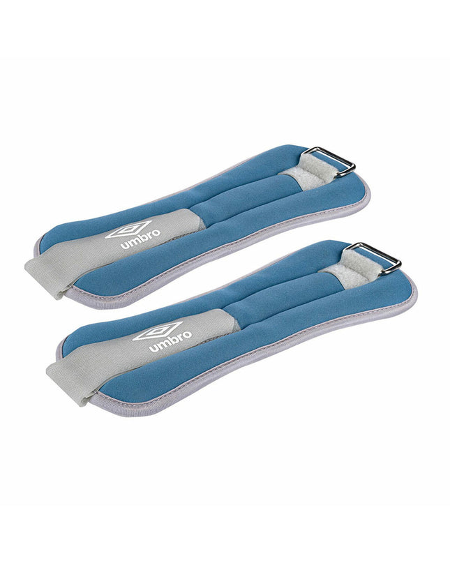 Pair of blue Umbro 500g ankle weights for fitness and outdoor exercise, shown with adjustable straps and durable material