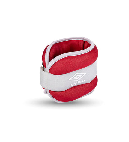 Pair of Umbro 1 kg red Enkelgewichten for fitness and outdoor workouts, shown in a close-up image.