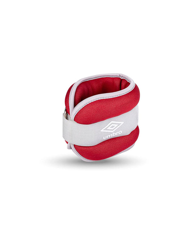 Pair of Umbro 1 kg red Enkelgewichten for fitness and outdoor workouts, shown in a close-up image.