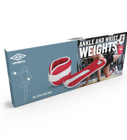Pair of 1 kg red Umbro Enkelgewichten for fitness and outdoor workouts, shown in a close-up image.