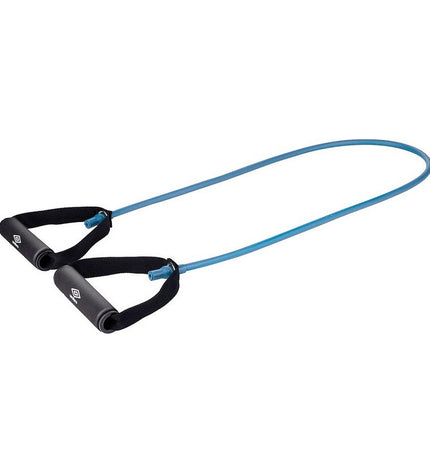Blue Umbro elastic resistance band for fitness and outdoor workouts, shown coiled on a white background.