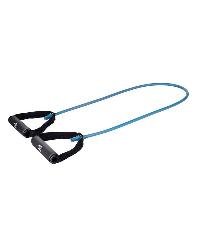Blue Umbro elastic resistance band for fitness and outdoor workouts, shown coiled on a white background.