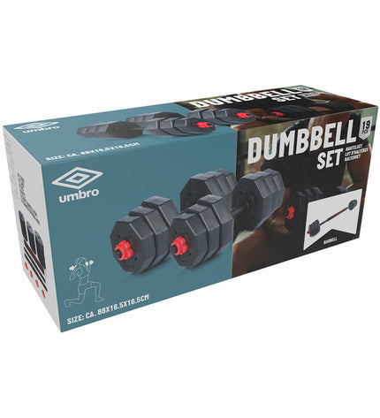 Umbro adjustable dumbbells and fitness kit with 19 pieces, suitable for outdoor sports and strength training exercises.