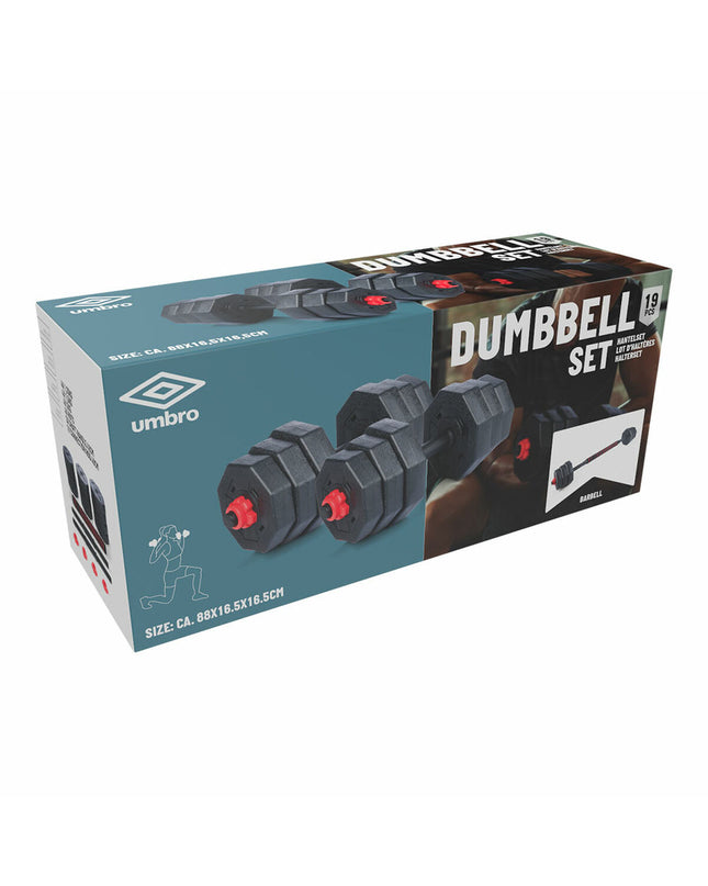 Umbro adjustable dumbbells and fitness kit with 19 pieces, suitable for outdoor sports and strength training exercises.