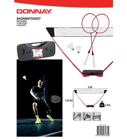 Donnay badminton set with five outdoor sports equipment pieces, including rackets and shuttlecocks, on a neutral background.