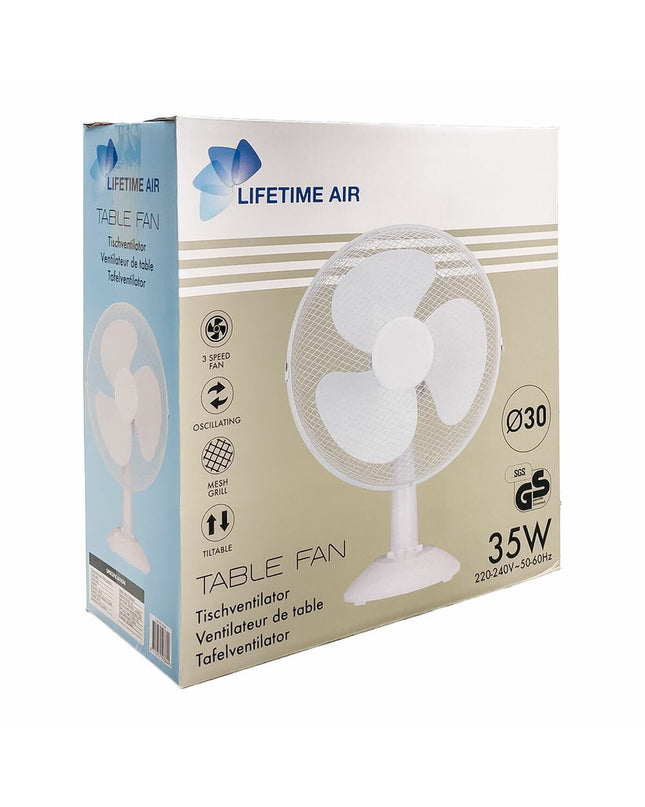 Lifetime Tafelventilator white portable fan, 35W, compact 34x23.5x46 cm, suitable for home and kitchen cooling.