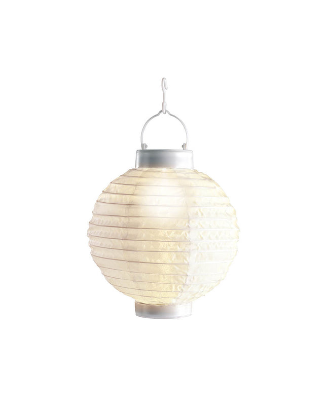 White nylon outdoor lantern from Lumineo, suitable for garden decor and outdoor lighting, shown hanging in a garden setting.