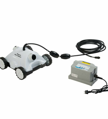 Ubbink Robotclean 1 automatic pool cleaner for gardens, jacuzzis, and pools, shown in operation on a tiled pool surface.