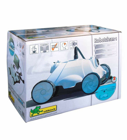 Ubbink Robotclean 1 automatic pool cleaner in action, designed for garden pools, jacuzzis, and swimming pool maintenance.