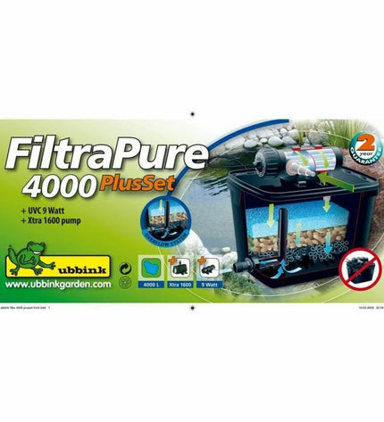 Ubbink FiltraPure 4000 automatic pool cleaner in a backyard swimming pool with clean water and pool equipment.