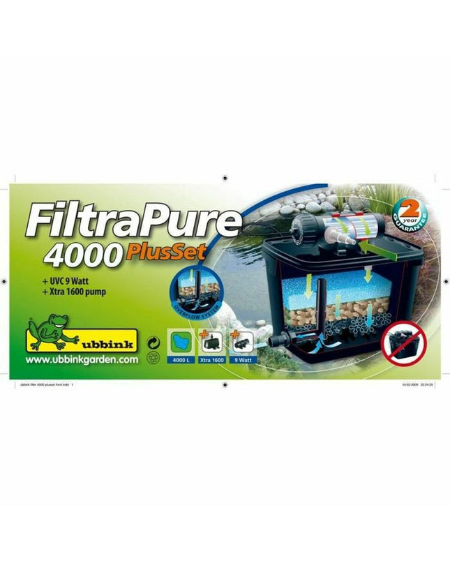 Ubbink FiltraPure 4000 automatic pool cleaner in a backyard swimming pool with clean water and pool equipment.