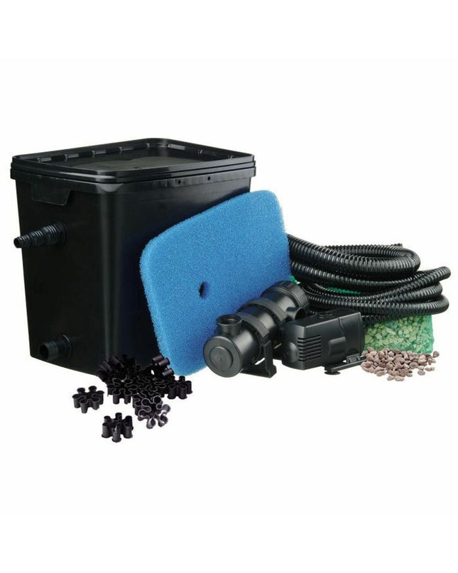 Ubbink FiltraPure 4000 automatic pool cleaner in a garden pool, showing its compact design and cleaning components.