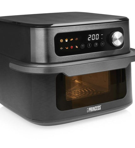 Princess MAXI CRISP luchtfriteuse in zwart with digital display, 1800W power, 10L capacity for healthy frying.