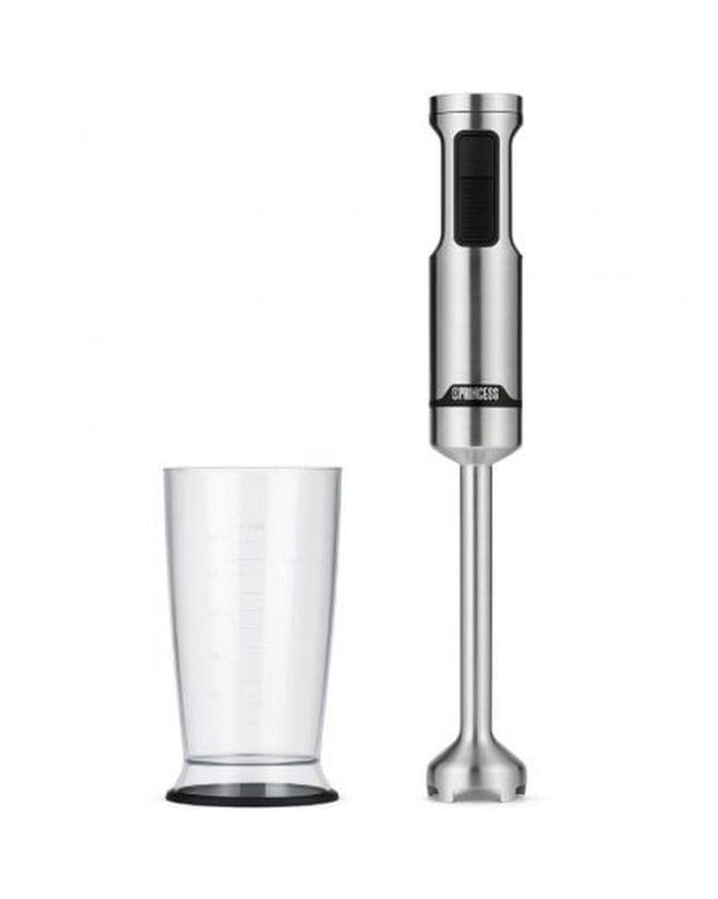 Princess 01.221235.01.650 1500W hand blender with stainless steel blending shaft and control buttons, perfect for kitchen tasks.