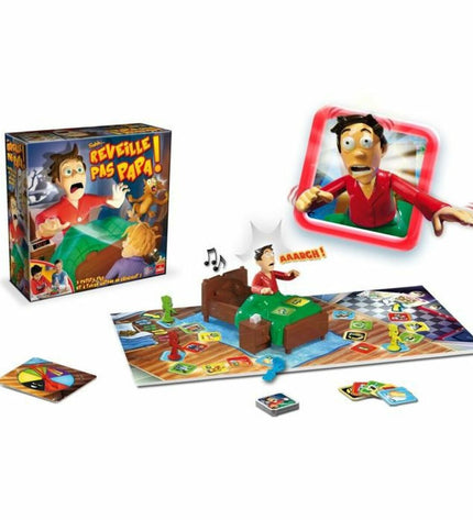 Goliath Don't Wake Dad board game with colorful game pieces and instructions on a table, family game night setup.