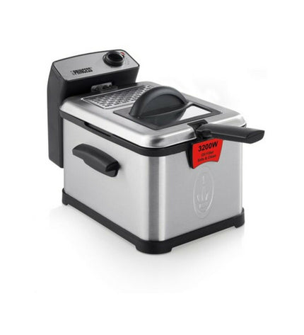 Princess small electric deep fryer in black with silver accents, 3-liter capacity, suitable for home cooking.