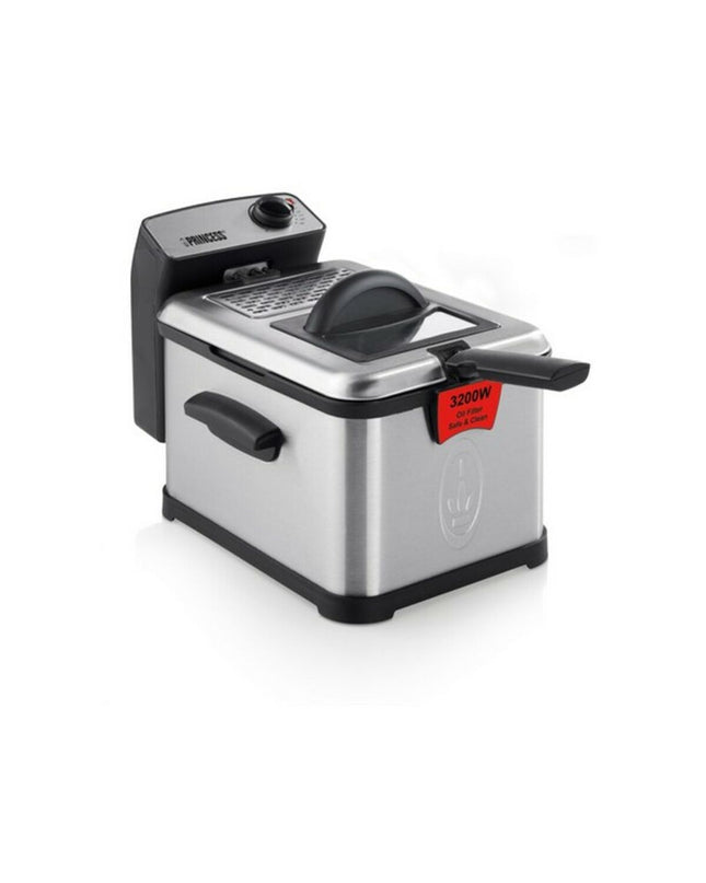 Princess small electric deep fryer in black with silver accents, 3-liter capacity, suitable for home cooking.