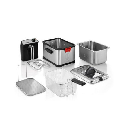 Princess 3L black and silver fryer with digital controls, compact electric kitchen appliance for frying food.