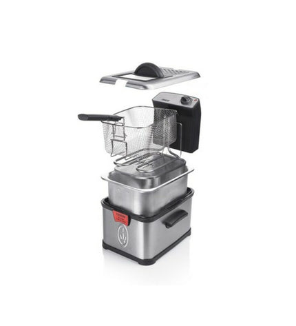 Princess 3L black and silver deep fryer with digital controls and compact design for home cooking and frying.