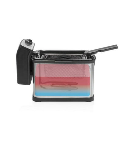 Princess 3L black and silver deep fryer for home cooking, compact electric kitchen appliance with a sleek design.