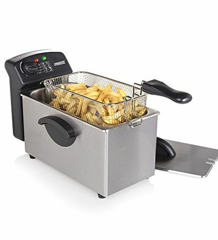 Princess black and silver 2000W fryer with 3-liter capacity, compact electric kitchen appliance for frying.