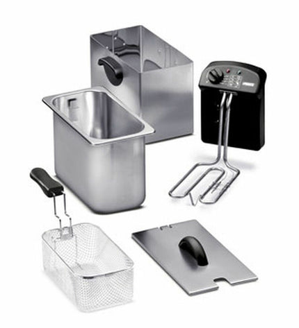 Princess black and silver deep fryer with 2000W power, stainless steel body, and 3-liter capacity for home cooking.