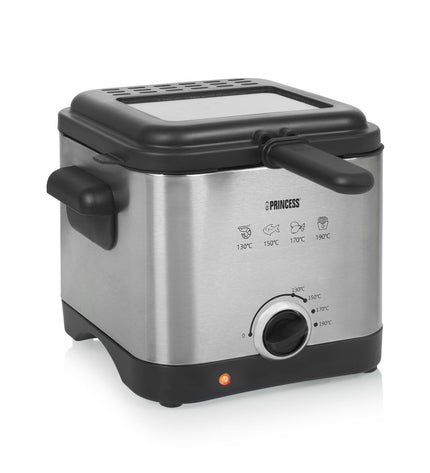 Princess mini fryer in stainless steel with 1000W power and 1.5L capacity, compact electric kitchen appliance for frying.